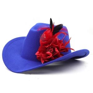 Blue felt western cowboy hat with a large red satin flower and decorative feathers