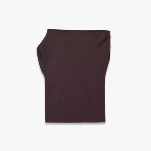Detailed view of the dark brown rib-knit fabric texture on this off-shoulder knit top
