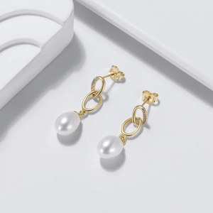14K Gold Plated 925 Sterling Silver Freshwater Pearl Drop Earrings Geometric Double Oval Linked Rings Zirconia Jewelry For Women
