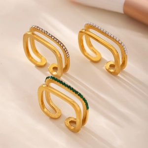 Minimalist gold double-layered square rings with zircon, pearl and green gemstone sets