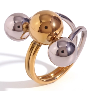 Modern adjustable 18K gold plated stainless steel ring with three two-tone metallic spheres