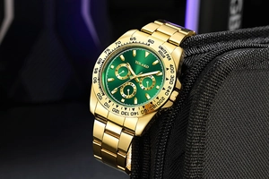 Detail of Yolako gold men's watch with green sunray dial on black nylon case
