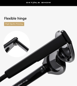 Detail of flexible hinges and high quality painting on black rectangular sunglasses