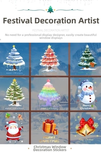 Detail view of 9-piece Christmas window cling set with Santa, snowmen and trees
