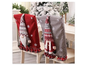 Detailed view of red and grey gnome chair covers with snowflake embroidery and plaid frills