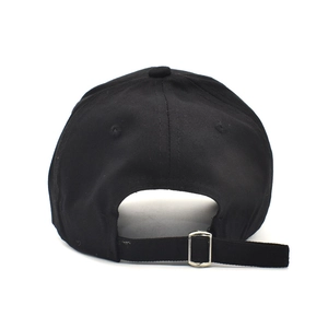 Detail view of the black baseball cap back with adjustable strap and silver metal buckle