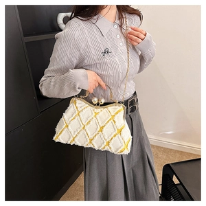 Quilted shell bag with pearl clasp and gold metal handle shown on a model