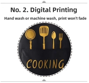 Close-up of waterproof black apron featuring golden digital printed cooking utensils and text