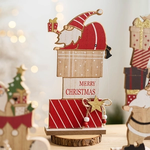 Wooden Santa Claus tabletop ornament with Merry Christmas gift box base for holiday decor