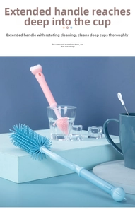 Close-up of long handle silicone bottle brushes in pink and blue for deep cleaning cups