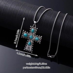 Detail of vintage turquoise cross pendant showing 5.7cm dimensions and 60cm chain length