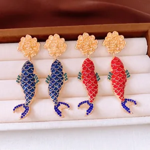 Koi Fish Dangle Earrings With 925 Sterling Silver Earring Post Alloy Enamel Rhinestone Chinese Style Retro For Women