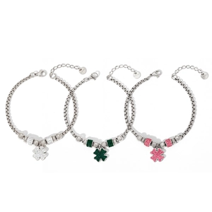 Three elegant stainless steel clover bracelets with crystals in pink green and white
