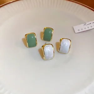 Geometric Square Stud Earrings Alloy Enamel Retro Elegant Daily Commute Jewelry For Women With Silver Earring Post