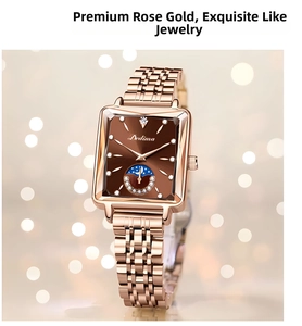 Close-up of square rose gold watch with brown sunray dial and diamond-set moon phase