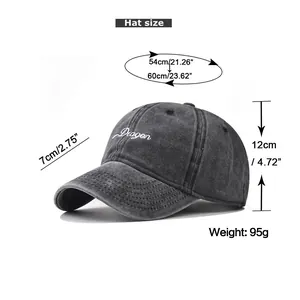 Detailed size chart for washed cotton baseball cap featuring height and brim measurements