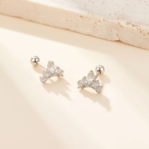Elegant S925 sterling silver crown stud earrings with micro-set zircon and screw backs