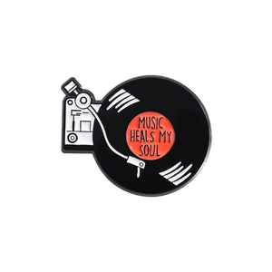 Pin's émaillé tourne-disque rétro avec texte Music Heals My Soul pour sacs et habits