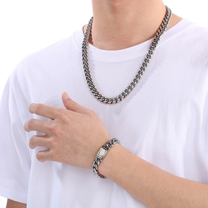 Polished 12mm stainless steel Cuban link necklace and bracelet set for men in silver