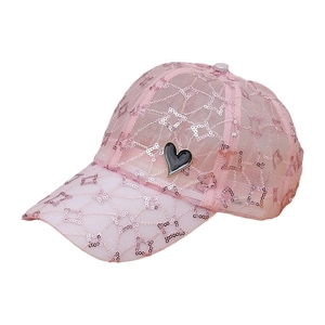 Sequin Mesh Baseball Cap Women Breathable Sun Hat With Heart Patch Adjustable Geometric Pattern Sweet Fashionable