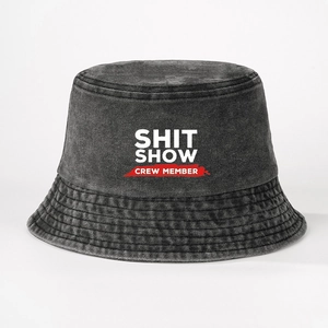 Dark grey washed denim bucket hat with Shit Show Crew Member print in retro style