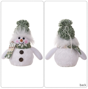Front and back views of a plush Christmas snowman doll with a green knitted hat and scarf
