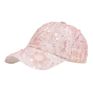 Pink mesh lace baseball cap with floral 3D appliques and sequins for summer sun protection