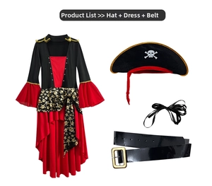 Detail view of women's pirate costume set with skull print dress, hat and wide belt