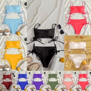 Women Sexy Bikini Swimsuit Nylon Side Tie High Waist Hollow Out Padded Beach Vacation Solid Color Top And Bottom