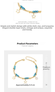 Detail view of double-layer gold titanium anklet with star charm and turquoise beads