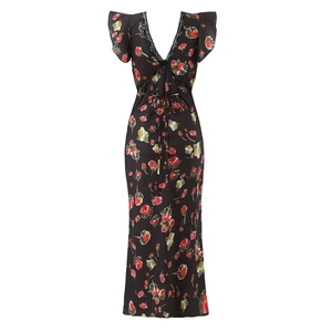 Langes Kleid mit Blumenmuster V-Ausschnitt Spitzenbesatz und Taillenband in Schwarz