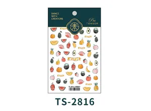 Macro shot of Fruit Garden theme nail stickers featuring hand-drawn avocado and peach designs