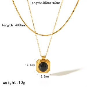 Detailed view of gold titanium steel double layer necklace with black gemstone pendant size specs