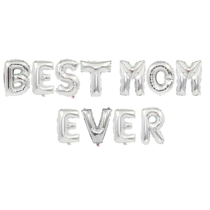 Detailed view of silver Best Mom Ever 16 inch foil balloon set for Mother's Day decor