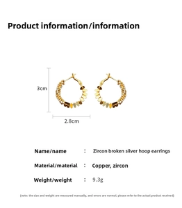 Detailed size diagram of gold oval earrings with copper, zircon stones, and dimensions