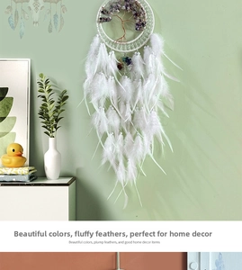 Detail of life tree dream catcher with purple crystal stones and white feathers