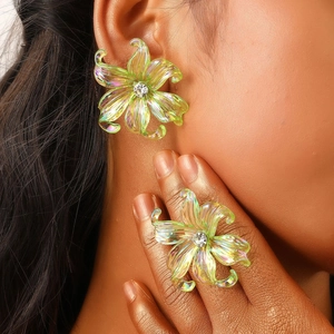 Pearlescent Resin Iris Flower Stud Earrings Rhinestone Center Sweet Y2K Floral Ear Jewelry For Women Summer Party Gift