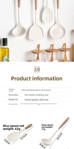 Macro detail of cream silicone kitchen utensils with heat resistant wooden handles