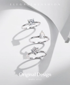 Three elegant silver moissanite rings in round and pear cuts on a white background
