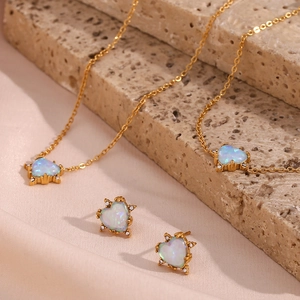 Vintage Stainless Steel Heart Artificial Opal Rhinestone Pendant Necklace Earrings Bracelet Fashion Jewelry For Women