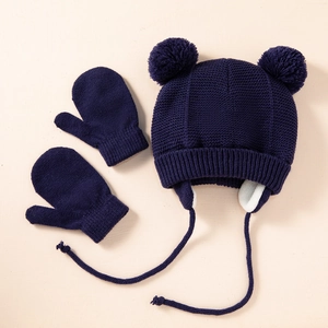 Navy blue kids knitted winter set with double pompom earflap hat and mittens