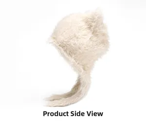 Side view of a fuzzy cream plush trapper hat with cute ears and warm ear flaps