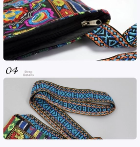 Detail of bohemian embroidery and woven geometric strap on ethnic crossbody bag