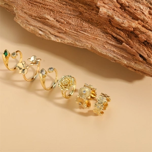 Vintage 14K gold plated flower rings set with green zircon and leaf designs for women