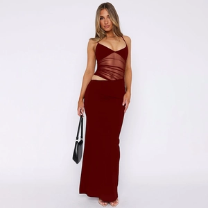 Detail of the mesh splicing and cutout design on this burgundy summer maxi dress