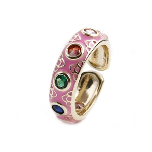 Fashionable gold-plated wide ring with pink enamel and vibrant colorful gemstones