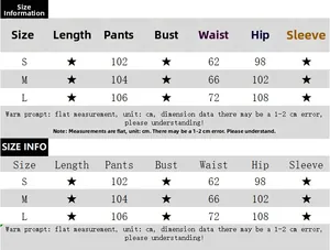 Detailed size chart for lace wide leg pants showing length, waist, and hip measurements
