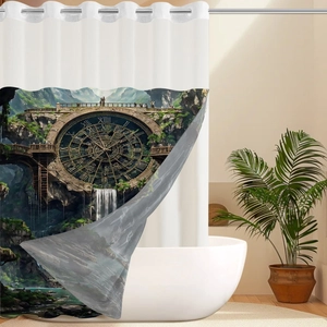 Steampunk clock and forest landscape waffle print waterproof shower curtain with metal rings