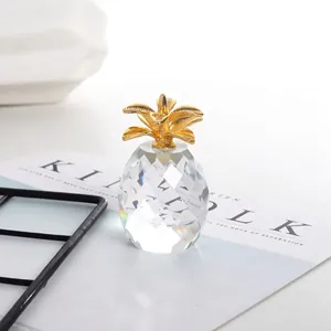 Modern crystal pineapple ornament with gold metal leaves for home desktop decor