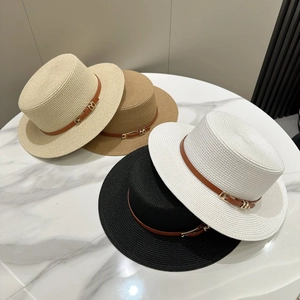 Classic straw boater hat set with flat top and leather band in multiple summer colors